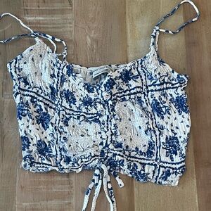 Urban Outfitters White & Blue Floral Smocked Drawstring Camisole